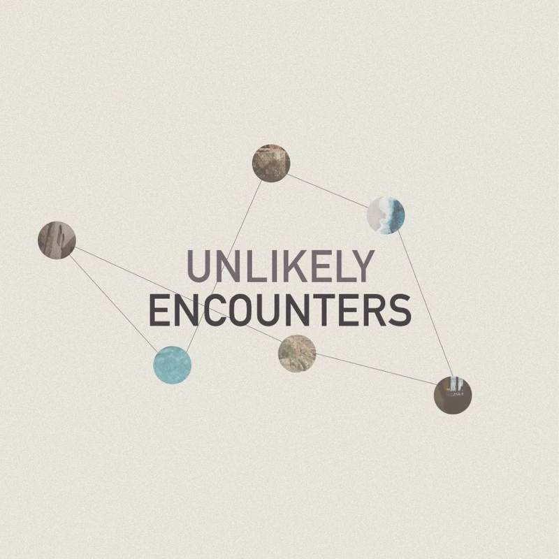 The words 'Unlikely Encounters' on a cream background, surrounded by a network of lines connecting circular photos of various natural landscapes.